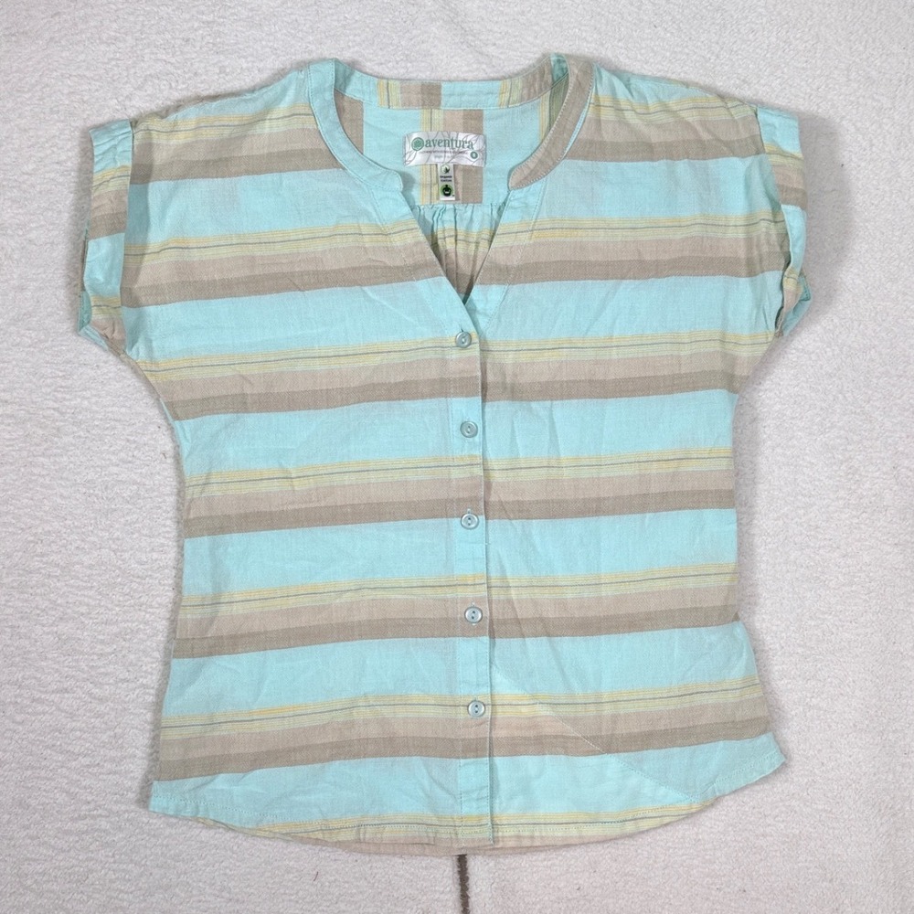 Aventura Organic Cotton Top Women Blue Striped Button Up Cap Sleeve S J17015HV